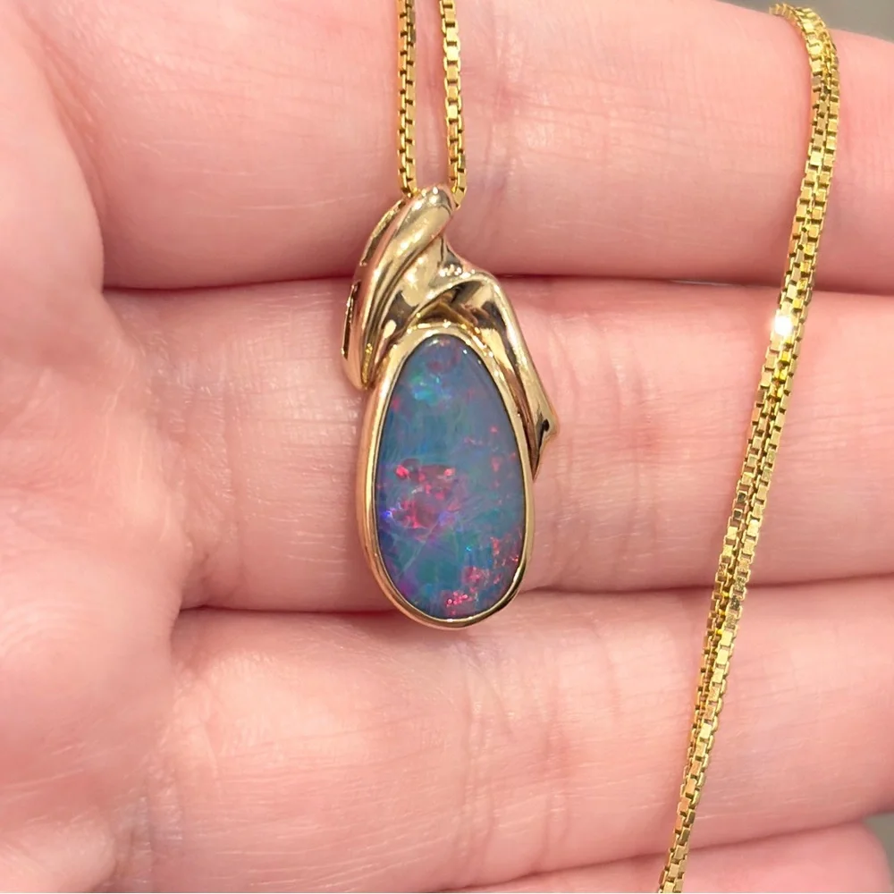 14K Australian Opal Pendant, Vintage Doublet, Crystal Dark Natural, Colorful IOG - Picture 4 of 14